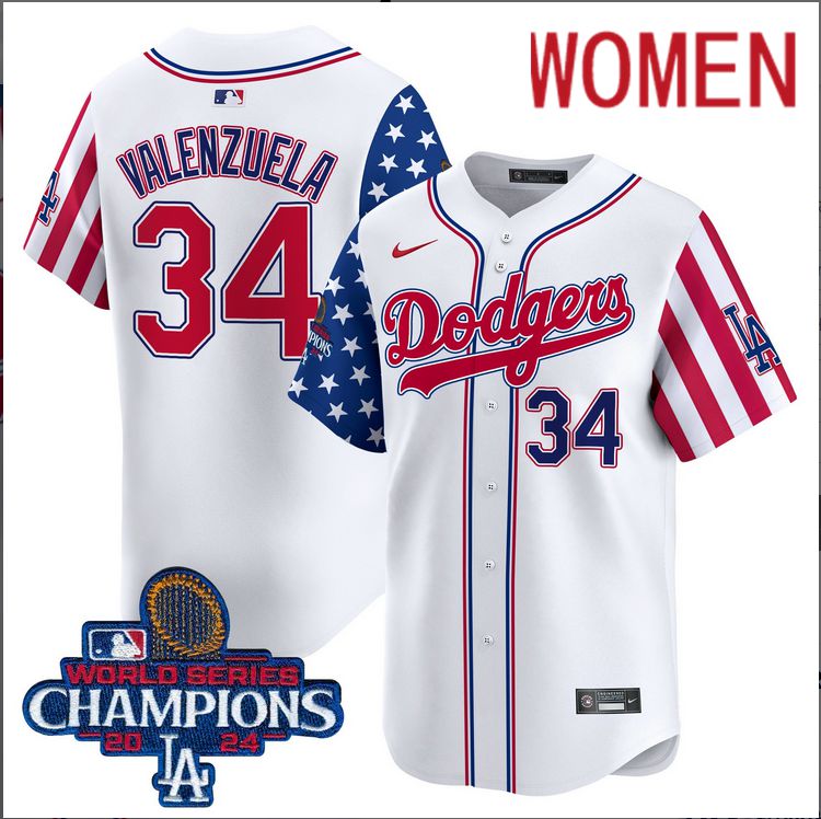 Women MLB Los Angeles Dodgers 34 Valenzuela American Style white 2024 World Series Champions Limited Jersey